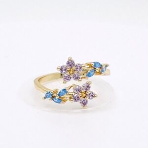Adjustable Zircon Leaf & Flower Ring Gold Tone Purple & Blue Stones NWOT
